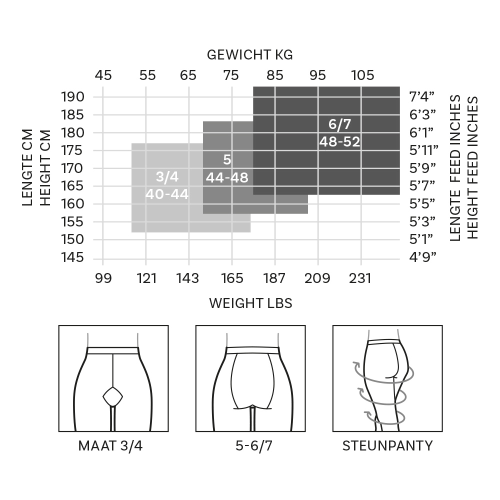 Steunpanty Caress - 40 denier-maattabel